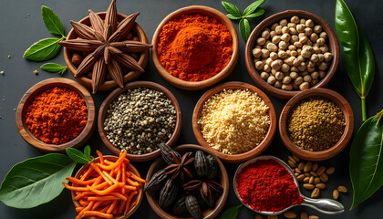 An assortment of exotic spices and herbs, minimalistic culinary ingredients photorealistic