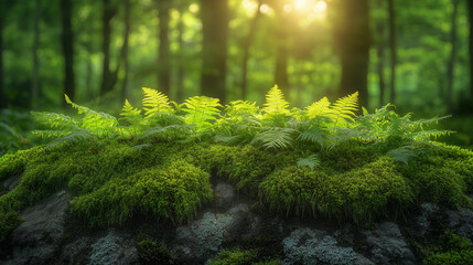 a close-up of vibrant green ferns and moss growing on ancient tree trunks, softly illuminated by diffused natural light in a serene and untouched woodland setting