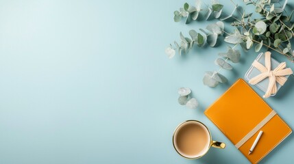 Creative workspace inspiration cozy coffee setup home office lifestyle image bright environment overhead view productivity and comfort combined