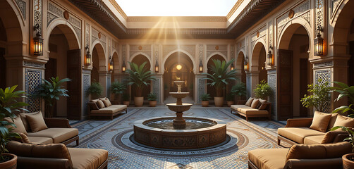 Obraz premium An exotic Moroccan courtyard bathed in warm golden light. The floor features intricate mosaic tiles in shades of blue and gold, while carved wooden doors open to reveal plush seating areas. A central 