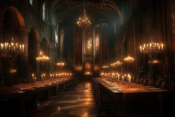 Fototapeta premium Mystical Grand Banquet Hall with Enchanted Decor and Opulent Ambiance