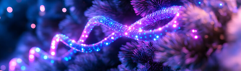 Fototapeta premium Twinkling lights spiral on tree, bokeh background