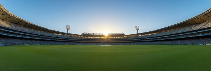 Fototapeta premium Melbourne Cricket Ground Panorama at Sunrise Empty Sporting Venue, Awe-Inspiring Stadium View