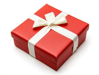 Red gift box with a white ribbon, isolated on a white background