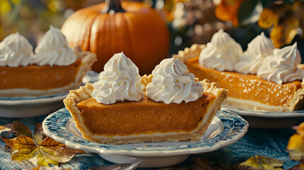 Thanksgiving pumpkin pie dessert cozy kitchen food photography autumn decor close-up culinary delight