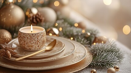 Children's New Year restaurant table arrangement. delightful setup featuring plates, golden utensils in a funny holder, baubles, a candle, frosted fir twigs, and mistletoe on a soft beige backdrop.