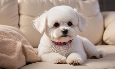 Adorable Bichon Frise puppy snuggled on a plush couch, pet, bichon frise
