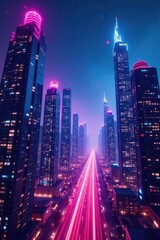 Obraz premium Gradient skyscrapers, neon lights illuminate futuristic cityscape, glow, view, pattern