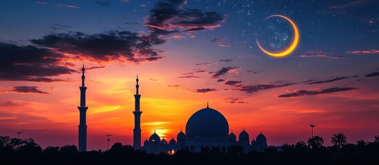 Obraz premium Mosque Sunset Crescent Moon