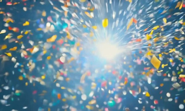 A burst of colorful confetti erupts from a central point, filling the frame with a festive and celebratory atmosphere. The confetti is brightly colored and falls in a dynamic, swirling motio