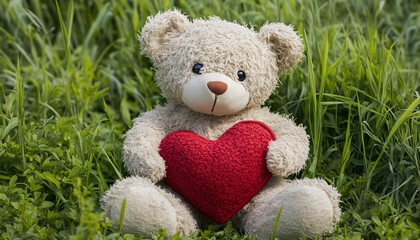 Classic beige teddy bear holding a red heart pillow on a vibrant green meadow