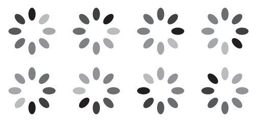 Set of rotating loading spinner frames in grayscale, circular progress indicators for UI design, minimal buffering icons, seamless animation steps for apps, websites, and interfaces. Icons, vector.