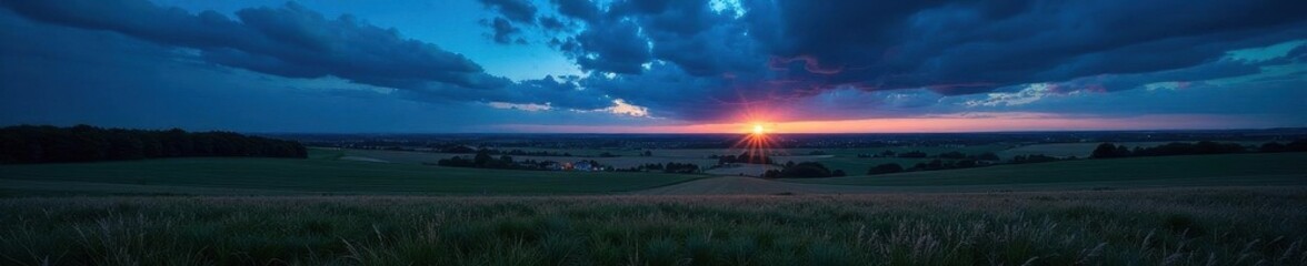Fototapeta premium Vast expanse of European farmland under night sky, expanse, meadow, night sky