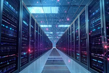 Data center network server room glowing connections