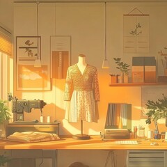 Sewing Room with Mannequin Displaying V Neck Dress in Soft Golden Light Warmth and Calm Atmosphere