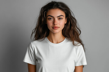 Obraz premium White T-shirt hanging on a hanger mockup, front view, gray background, high-resolution photography