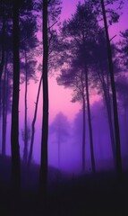 Fototapeta premium Mystical twilight drapes a dense forest in shades of pink and violet creating a dreamscape