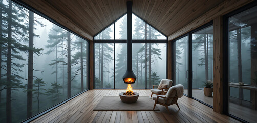 A minimalist treetop lodge in a misty Nordic forest, blending raw wood, steel, and glass. The cozy interior features a hanging fireplace, fur-lined chairs, and a panoramic view of the towering pine .