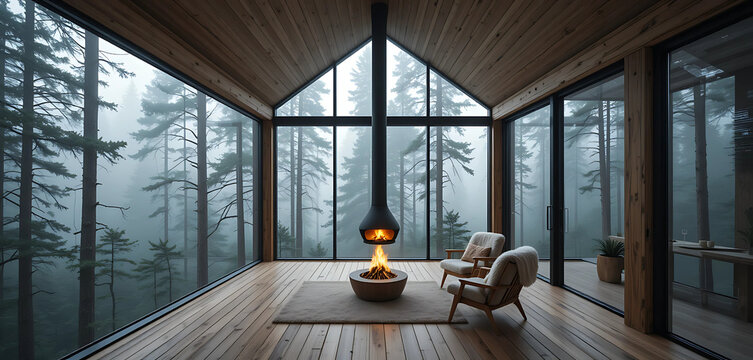 A minimalist treetop lodge in a misty Nordic forest, blending raw wood, steel, and glass. The cozy interior features a hanging fireplace, fur-lined chairs, and a panoramic view of the towering pine .