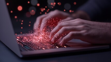 Hands Typing on Laptop with Sparkling Red Particles in a Dark Environment for a Futuristic Feel