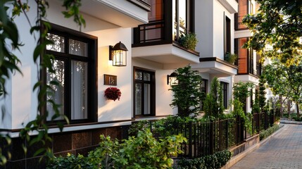 Modern townhouse sunset, landscaped walkway, evening lighting, real estate
