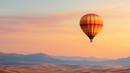 Obraz premium Vibrant Hot Air Balloon Soaring Above Scenic Mountain Range During Serene Sunset Sky Over Landscape