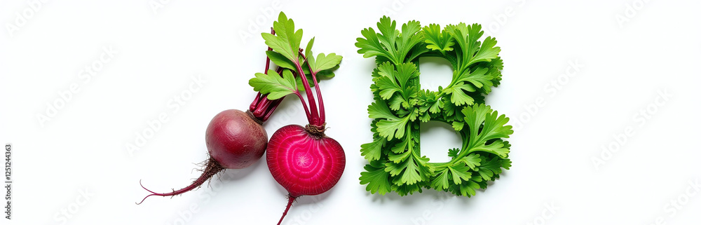 Poster Beet Root And Parsley Letters A And B Isolated On A White Background Forming Distinct Shapes Together. 00001