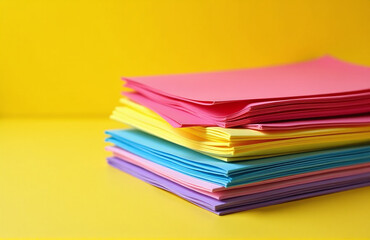 Brightly Colored Paper Sheets Are Stacked Neatly On A Bright Yellow Surface In The Room. 00001