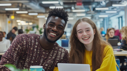 joyful young man and woman smiling together in modern workspace, surrounded by people working on laptops. atmosphere is vibrant and collaborative
