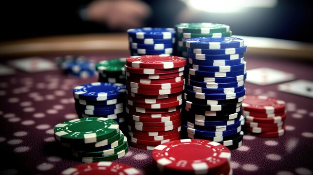 Poker chips on casino table, game in progress