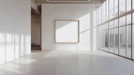Empty wooden picture frame mockup hanging on a white wall in a spacious, sunlit room. The setting features a working space or home office lounge, ideal for showcasing art or photos, 