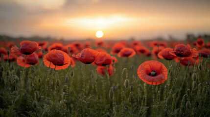 Red poppies at sunset in a field