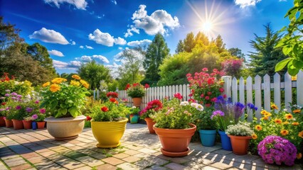 Vibrant flowers in colorful pots on a sunny patio with lush greenery and a few stepping stones, surrounded by a white picket fence and a clear blue sky , garden, flower arrangement