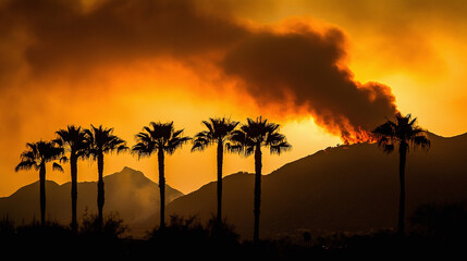 Obraz premium Iconic palm trees silhouetted against an orange sunset in Los Angeles, with smoke rising from the hills. The scene captures a dramatic and atmospheric moment