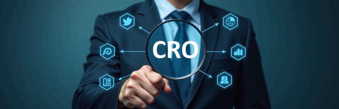 Businessman Holds A Magnifying Glass Focused On Cro, Surrounded By Digital Icons Symbolizing Various Conversion Rate Optimization Strategies. 00002