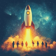 Rocket launching, kids watching, nebula background, startup concept