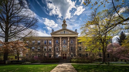 Historic old main building at penn state university on a sunny spring day in state college, pennsylvania