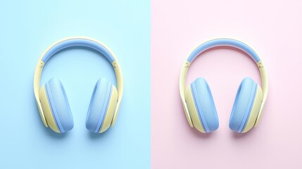 Fototapeta premium Pastel Headphones On Contrasting Backgrounds