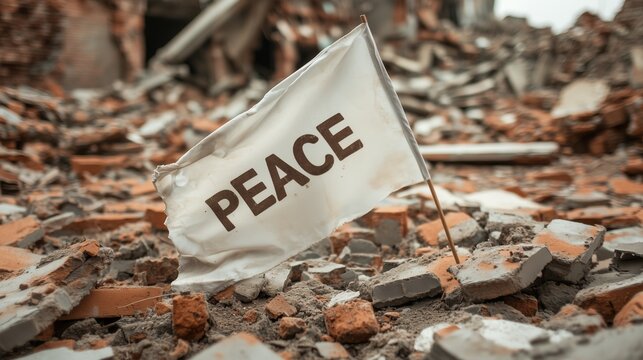 White flag featuring a peace sign rising from rubble after bombing, symbolizing hope, peace, and the enduring desire for an end to conflict and destruction
