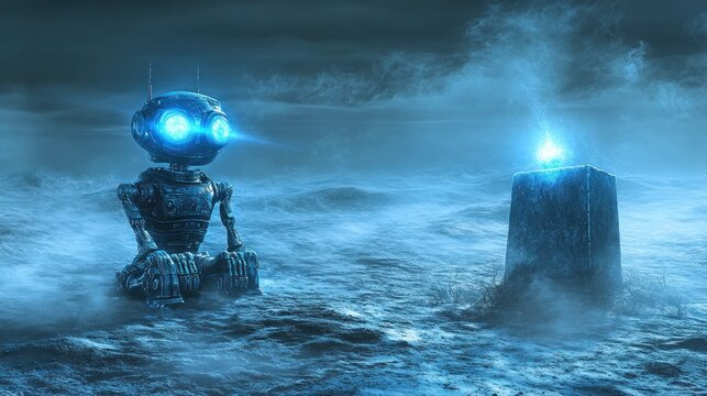 Robot mourns at icy grave, desolate landscape, digital art, sci-fi concept