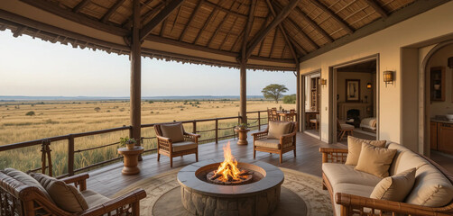 An elegant safari lodge with open walls, overlooking the golden grasslands of the African savannah. The interior features handcrafted wooden furniture, woven rattan decor, and a fire pit .