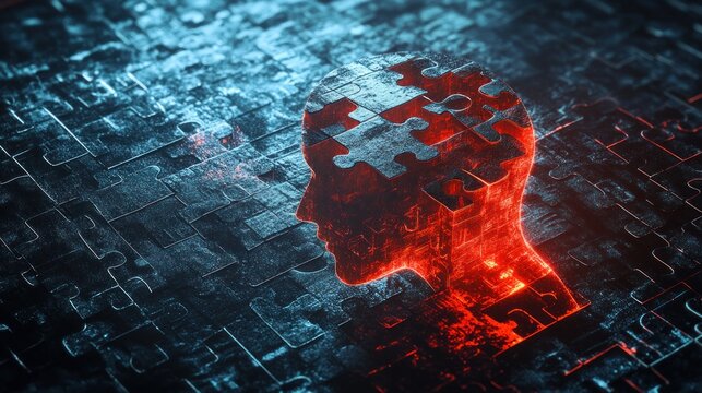 The Puzzle of the Mind: A 3D rendering of a human head composed of puzzle pieces, set against a backdrop of a vast puzzle.
