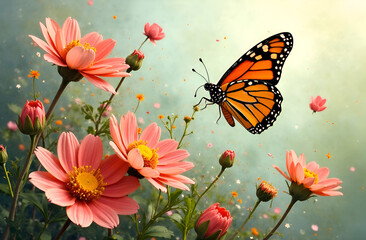 Natural composition with flowers and butterflies, template, postcard. Selective focus, blurred background.