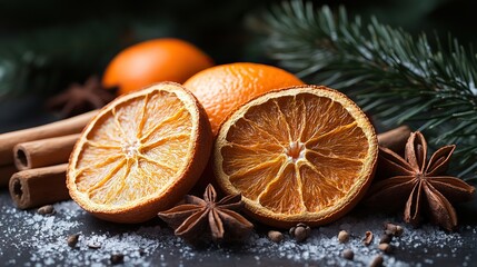Christmas spices Dried oranges, anise, and cinnamon sticks on a bark tree background evoke a festive mood.