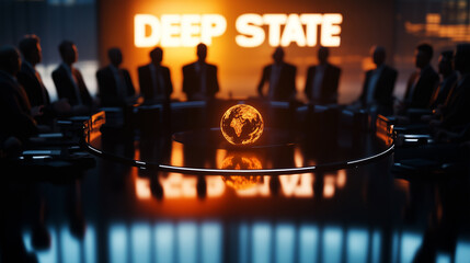 Silhouetted politicians are having a meeting at a round table with a glowing world globe at the center, discussing deep state and global issues, illuminated by a large screen displaying deep state