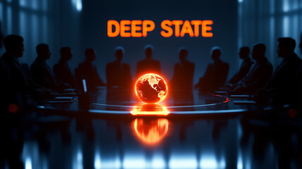 Political silhouettes conferring around circular table, holographic globe illuminating shadowy global strategy session and deep state negotiations