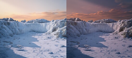 Frozen coastal cliffs sunset comparison; icy landscape, color grading