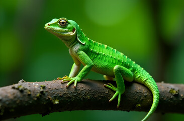 Fototapeta premium Green lizard sits on the trunk. Blurred background, selective focus.