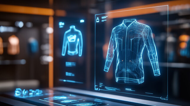 Futuristic clothing store displaying holographic jacket on transparent screen, enabling immersive augmented reality shopping interaction for modern retail environment - Powered by Adobe