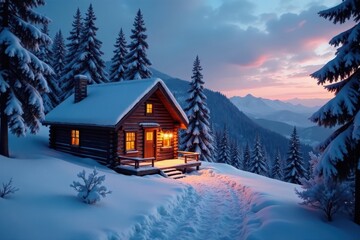 Rustic cabin nestled amongst snow-laden evergreens, twilight glow , winter scene, dark